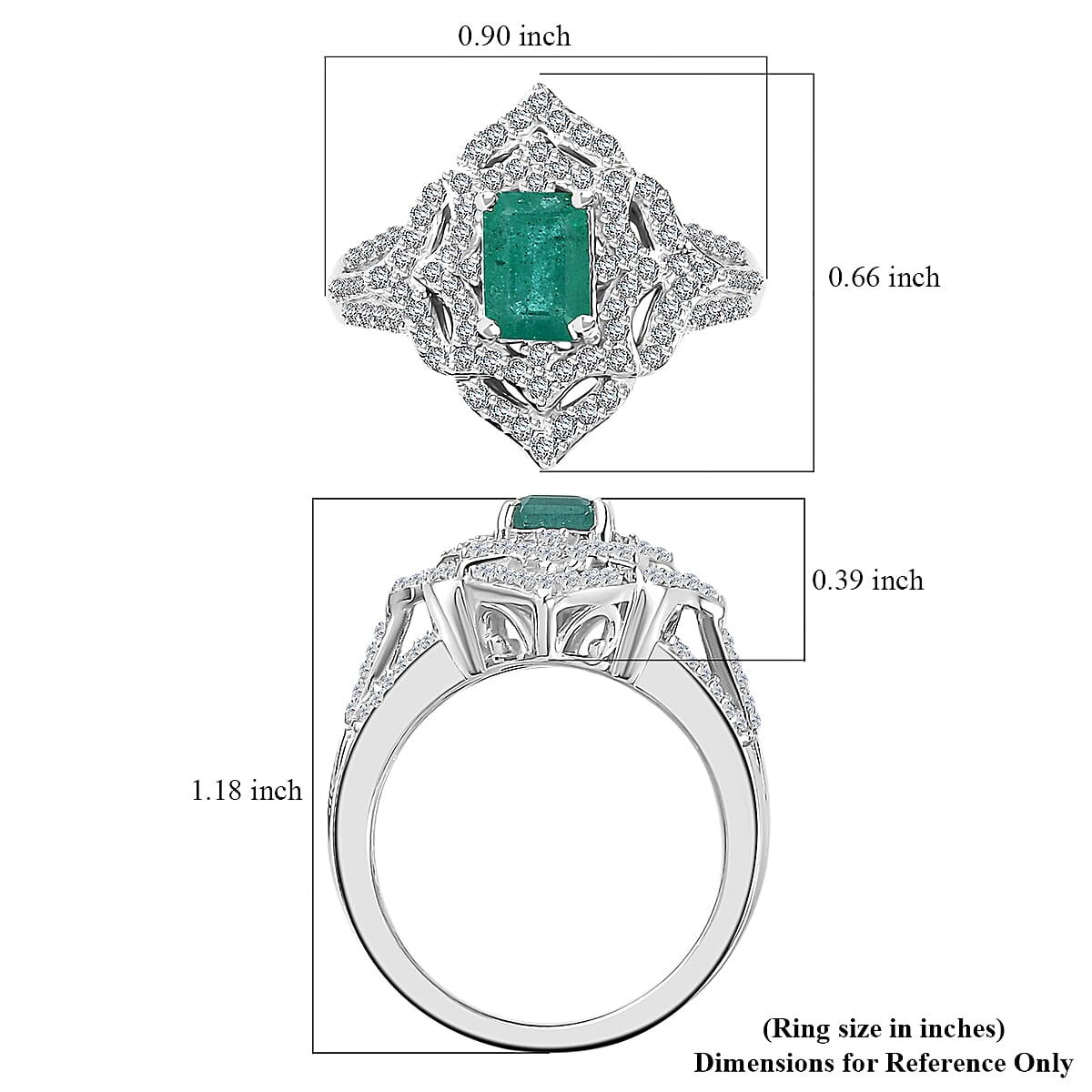 Premium Kagem Zambian Emerald and White Zircon Ring in Rhodium Over Sterling Silver (Size 7.0) 1.75 ctw