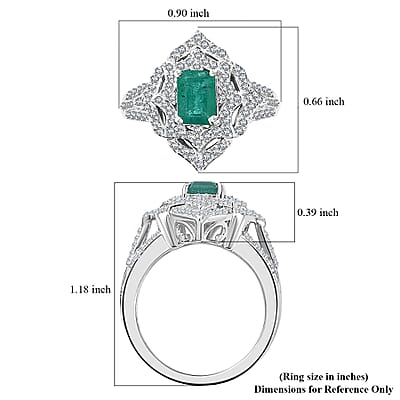 Premium Kagem Zambian Emerald and White Zircon Ring in Rhodium Over Sterling Silver (Size 7.0) 1.75 ctw