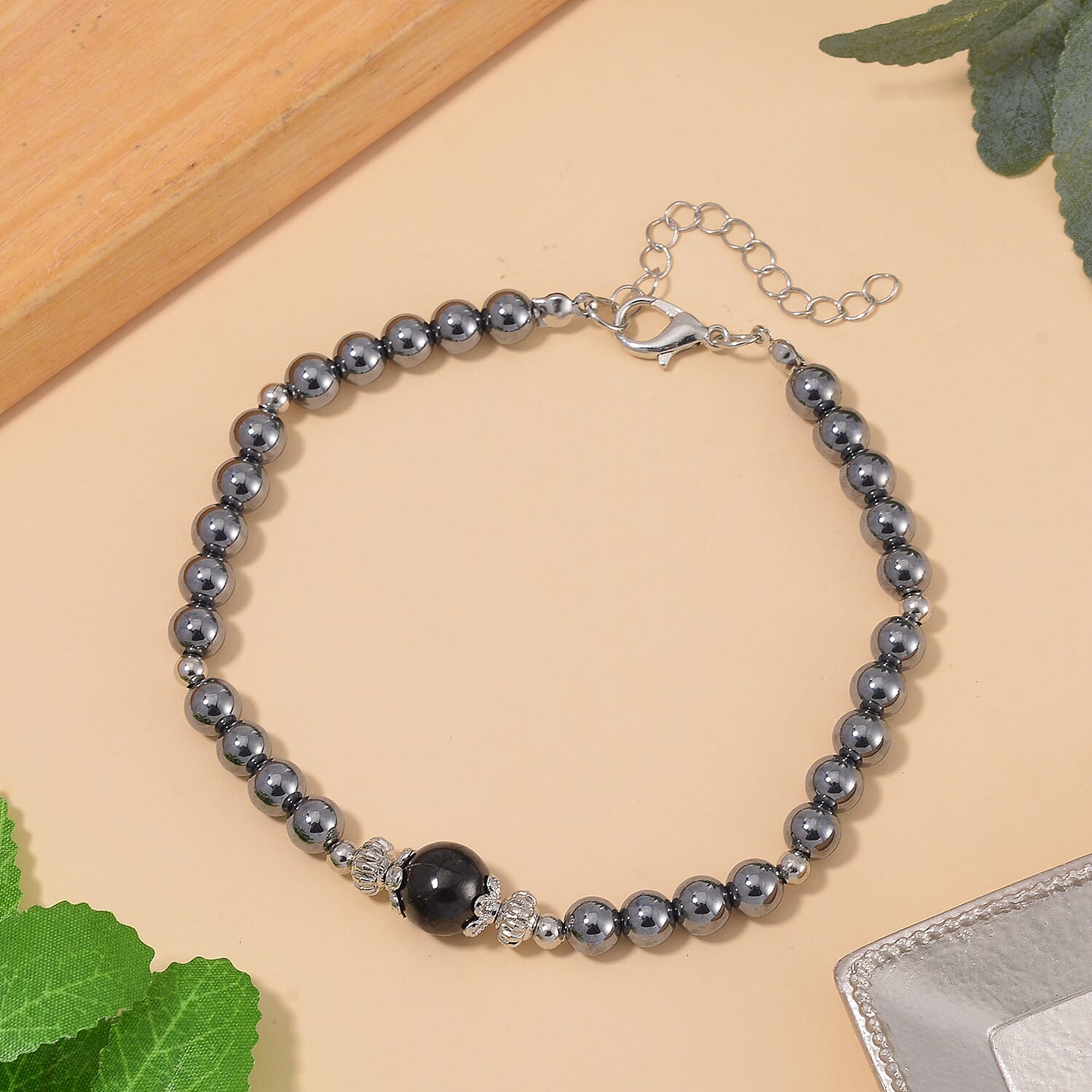 Terahertz and Shungite Beaded Anklet in Silvertone and Stainless Steel (9.50-11.50In) 60.00 ctw