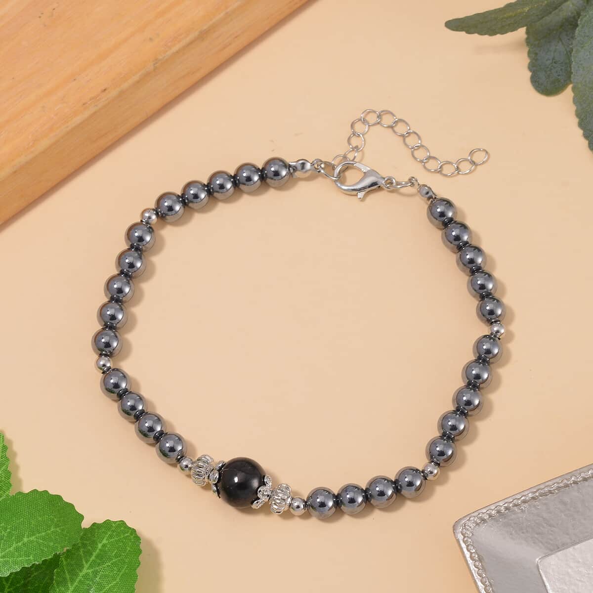 Terahertz and Shungite Beaded Anklet in Silvertone and Stainless Steel (9.50-11.50In) 60.00 ctw image number 1
