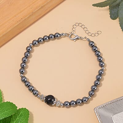 Terahertz and Shungite Beaded Anklet in Silvertone and Stainless Steel (9.50-11.50In) 60.00 ctw