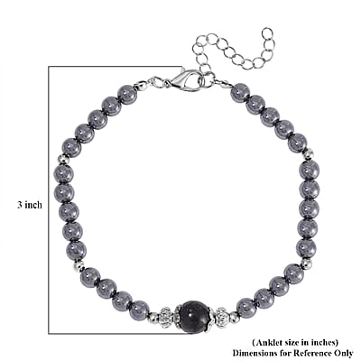 Terahertz and Shungite Beaded Anklet in Silvertone and Stainless Steel (9.50-11.50In) 60.00 ctw