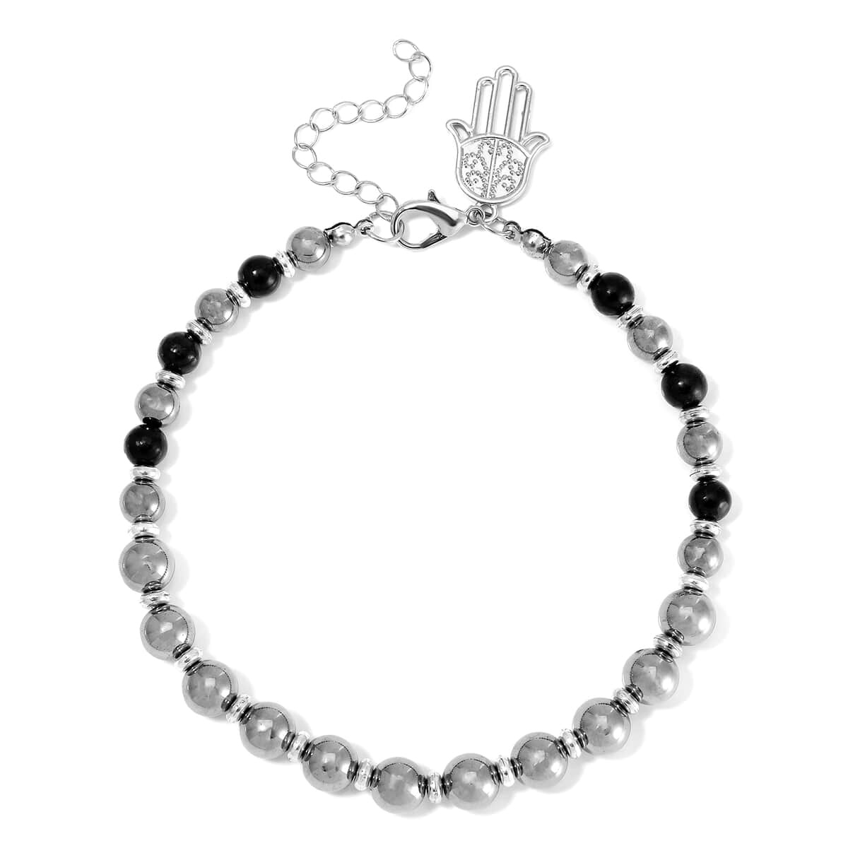 Terahertz and Shungite Beaded Anklet with Hamsa Charm in Stainless Steel (9.50-11.50In) 75.00 ctw image number 0