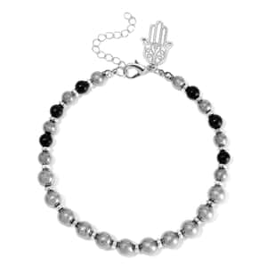 Terahertz and Shungite Beaded Anklet with Hamsa Charm in Stainless Steel (9.50-11.50In) 75.00 ctw
