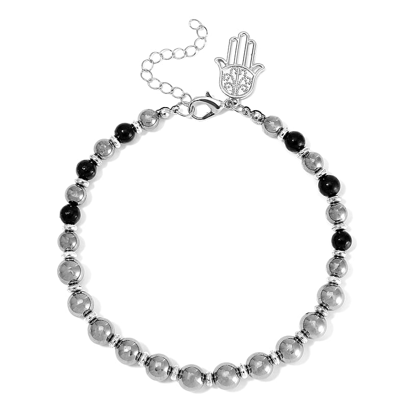 Terahertz and Shungite 75.00 ctw Beaded Anklet with Hamsa Charm in Stainless Steel (9.50-11.50In)