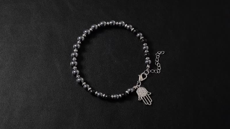 Terahertz and Shungite 75.00 ctw Beaded Anklet with Hamsa Charm in Stainless Steel (9.50-11.50In)
