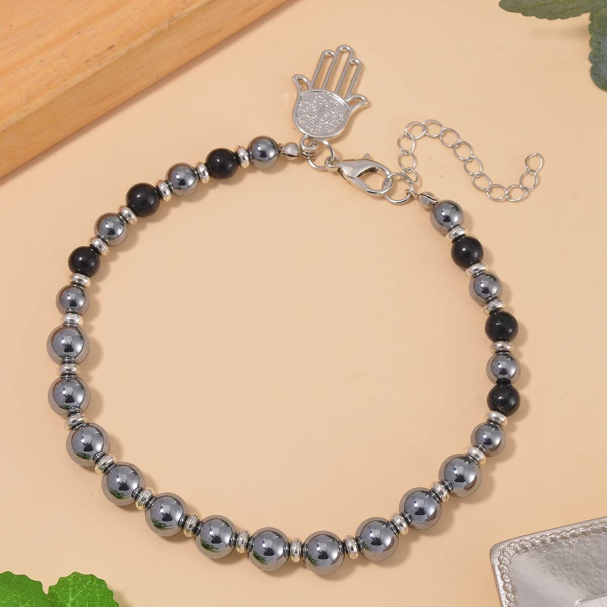 Terahertz and Shungite Beaded Anklet with Hamsa Charm in Stainless Steel (9.50-11.50In) 75.00 ctw image number 1