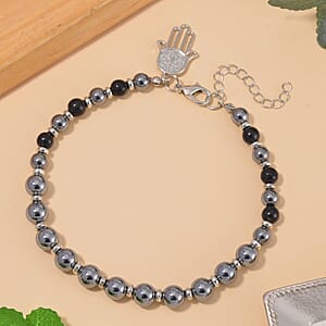 Terahertz and Shungite 75.00 ctw Beaded Anklet with Hamsa Charm in Stainless Steel (9.50-11.50In)