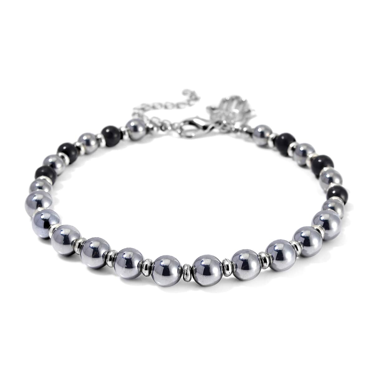 Terahertz and Shungite Beaded Anklet with Hamsa Charm in Stainless Steel (9.50-11.50In) 75.00 ctw image number 2