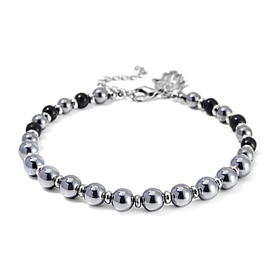 Terahertz and Shungite 75.00 ctw Beaded Anklet with Hamsa Charm in Stainless Steel (9.50-11.50In)