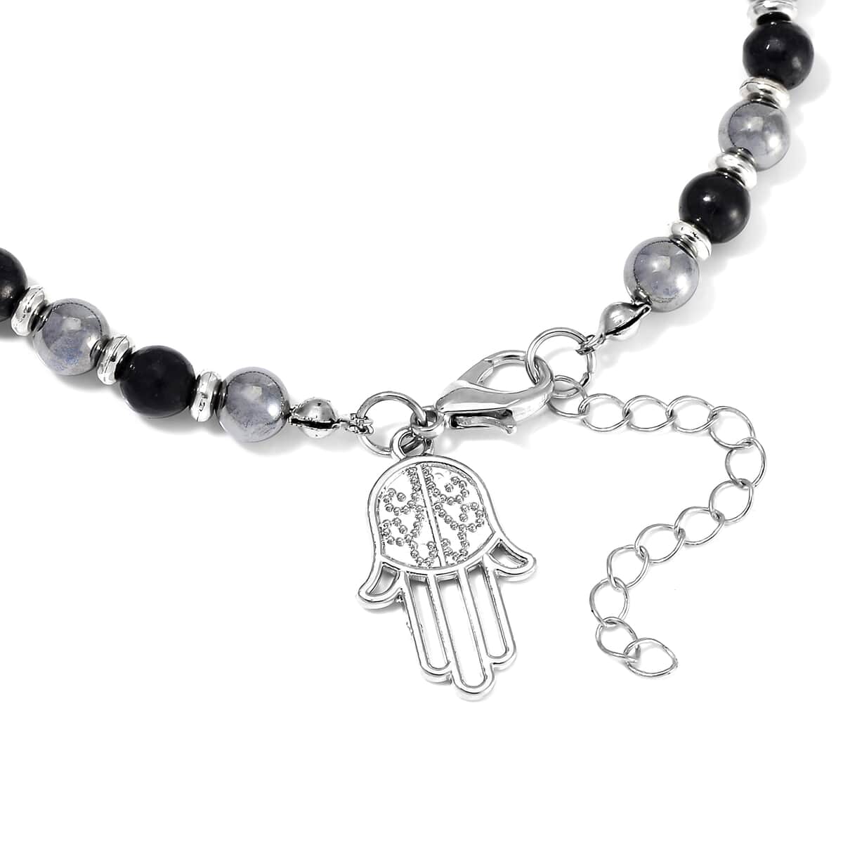 Terahertz and Shungite Beaded Anklet with Hamsa Charm in Stainless Steel (9.50-11.50In) 75.00 ctw image number 3