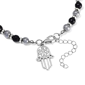 Terahertz and Shungite 75.00 ctw Beaded Anklet with Hamsa Charm in Stainless Steel (9.50-11.50In)