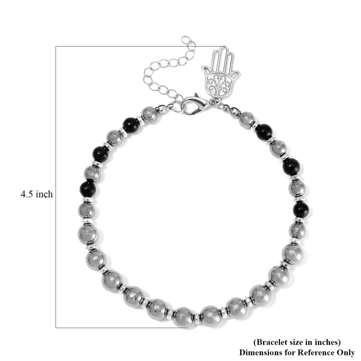 Terahertz and Shungite Beaded Anklet with Hamsa Charm in Stainless Steel (9.50-11.50In) 75.00 ctw image number 4
