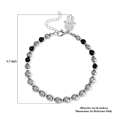 Terahertz and Shungite 75.00 ctw Beaded Anklet with Hamsa Charm in Stainless Steel (9.50-11.50In)