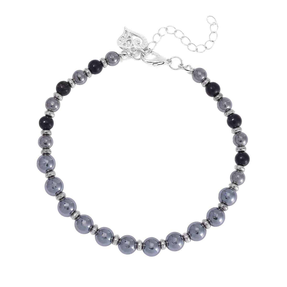 Terahertz and Shungite Beaded Anklet with Heart Charm in Stainless Steel (9.50-11.50In) 75.00 ctw image number 0