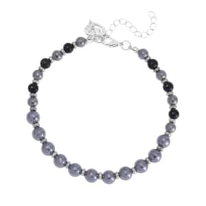Terahertz and Shungite Beaded Anklet with Heart Charm in Stainless Steel (9.50-11.50In) 75.00 ctw