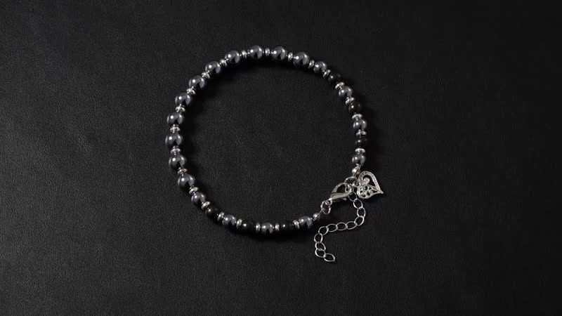 Terahertz and Shungite Beaded Anklet with Heart Charm in Stainless Steel (9.50-11.50In) 75.00 ctw