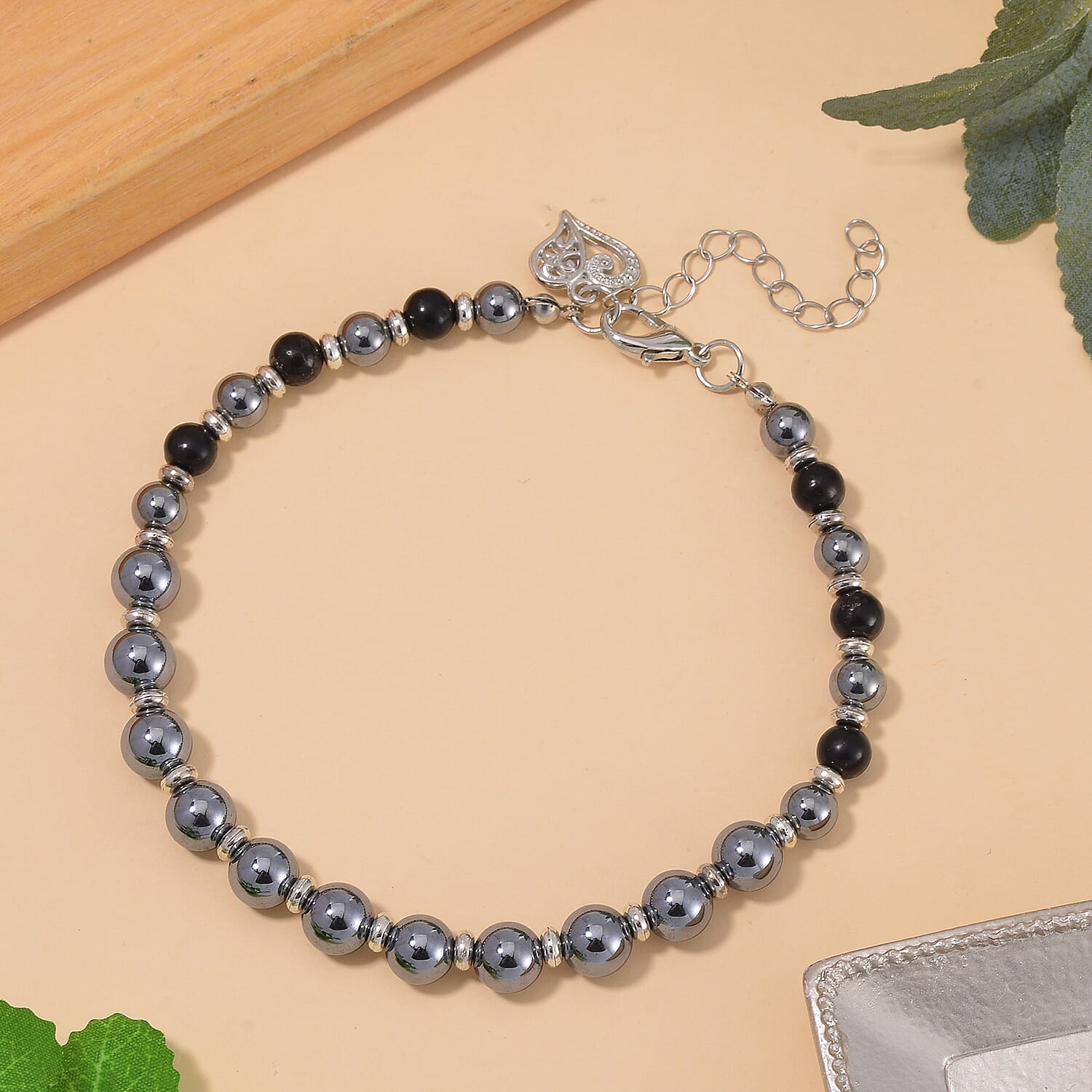 Terahertz and Shungite Beaded Anklet with Heart Charm in Stainless Steel (9.50-11.50In) 75.00 ctw