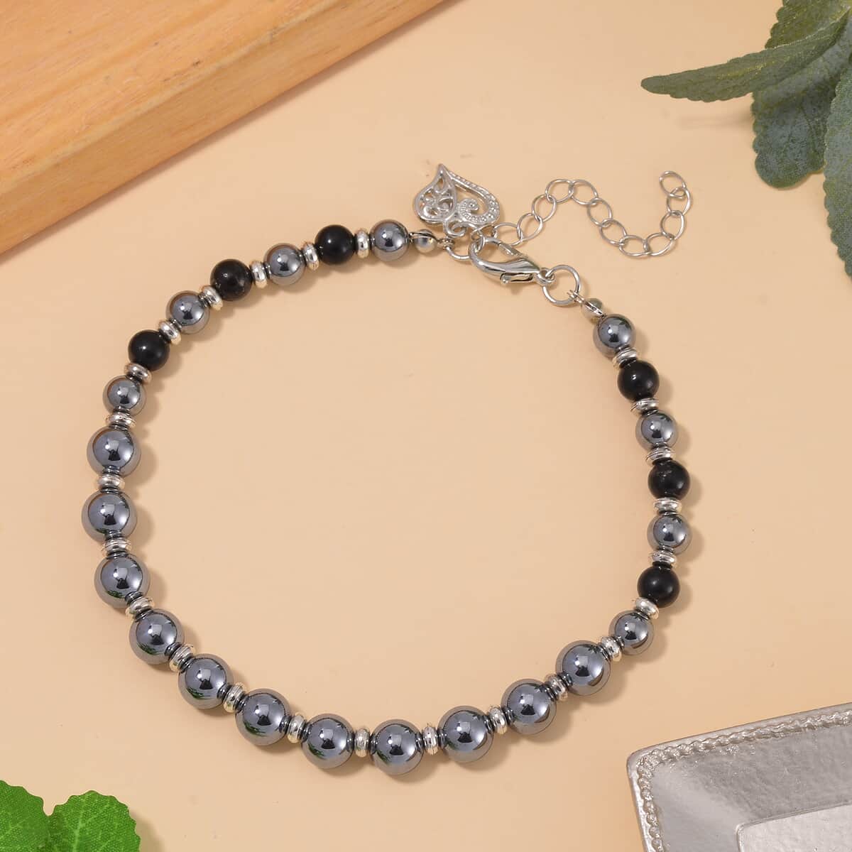 Terahertz and Shungite Beaded Anklet with Heart Charm in Stainless Steel (9.50-11.50In) 75.00 ctw image number 1