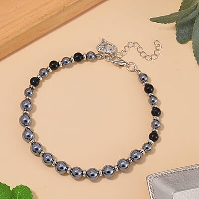 Terahertz and Shungite Beaded Anklet with Heart Charm in Stainless Steel (9.50-11.50In) 75.00 ctw