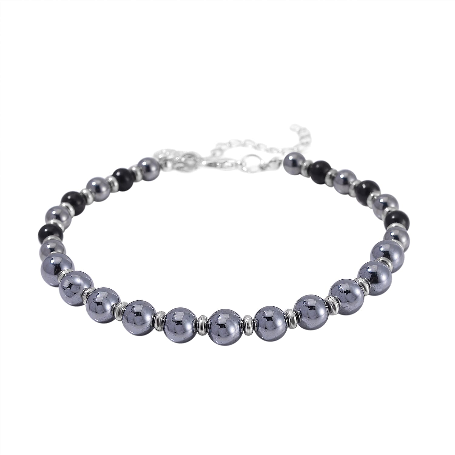 Terahertz and Shungite Beaded Anklet with Heart Charm in Stainless Steel (9.50-11.50In) 75.00 ctw