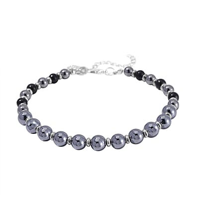 Terahertz and Shungite Beaded Anklet with Heart Charm in Stainless Steel (9.50-11.50In) 75.00 ctw