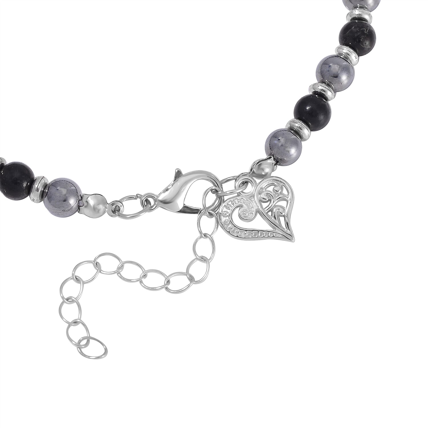 Terahertz and Shungite Beaded Anklet with Heart Charm in Stainless Steel (9.50-11.50In) 75.00 ctw