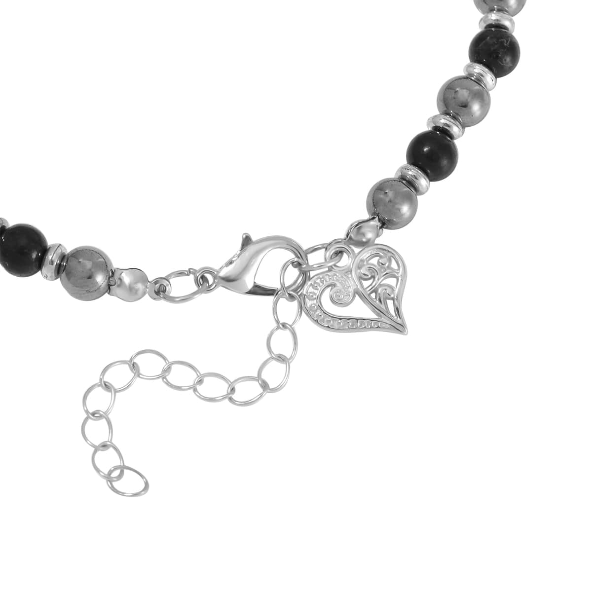 Terahertz and Shungite Beaded Anklet with Heart Charm in Stainless Steel (9.50-11.50In) 75.00 ctw image number 3