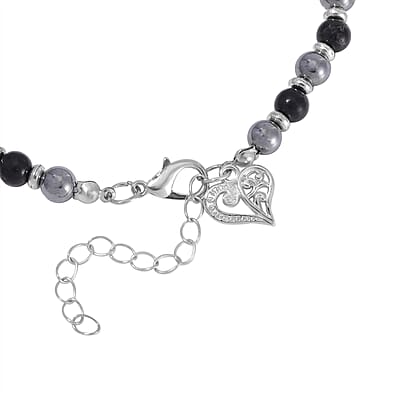 Terahertz and Shungite Beaded Anklet with Heart Charm in Stainless Steel (9.50-11.50In) 75.00 ctw