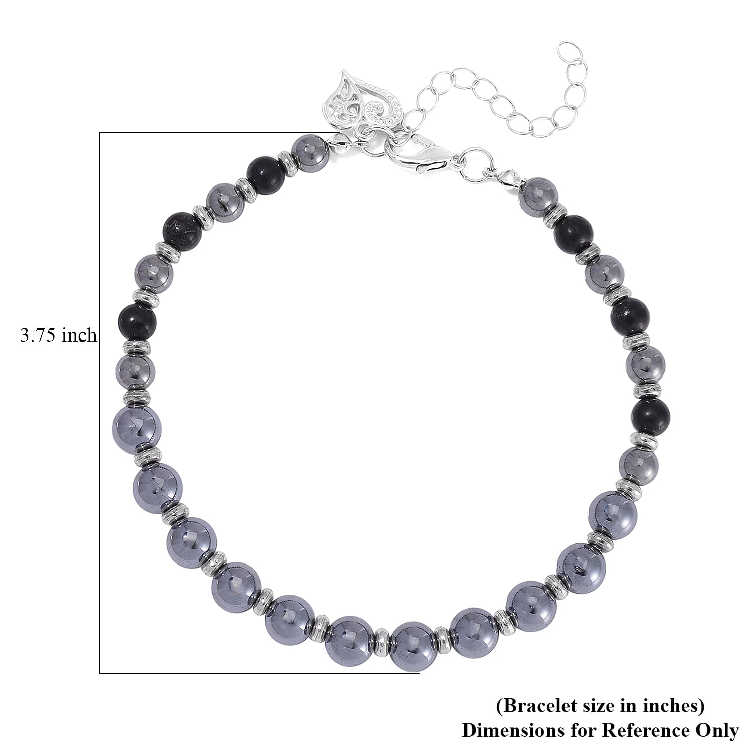 Terahertz and Shungite Beaded Anklet with Heart Charm in Stainless Steel (9.50-11.50In) 75.00 ctw