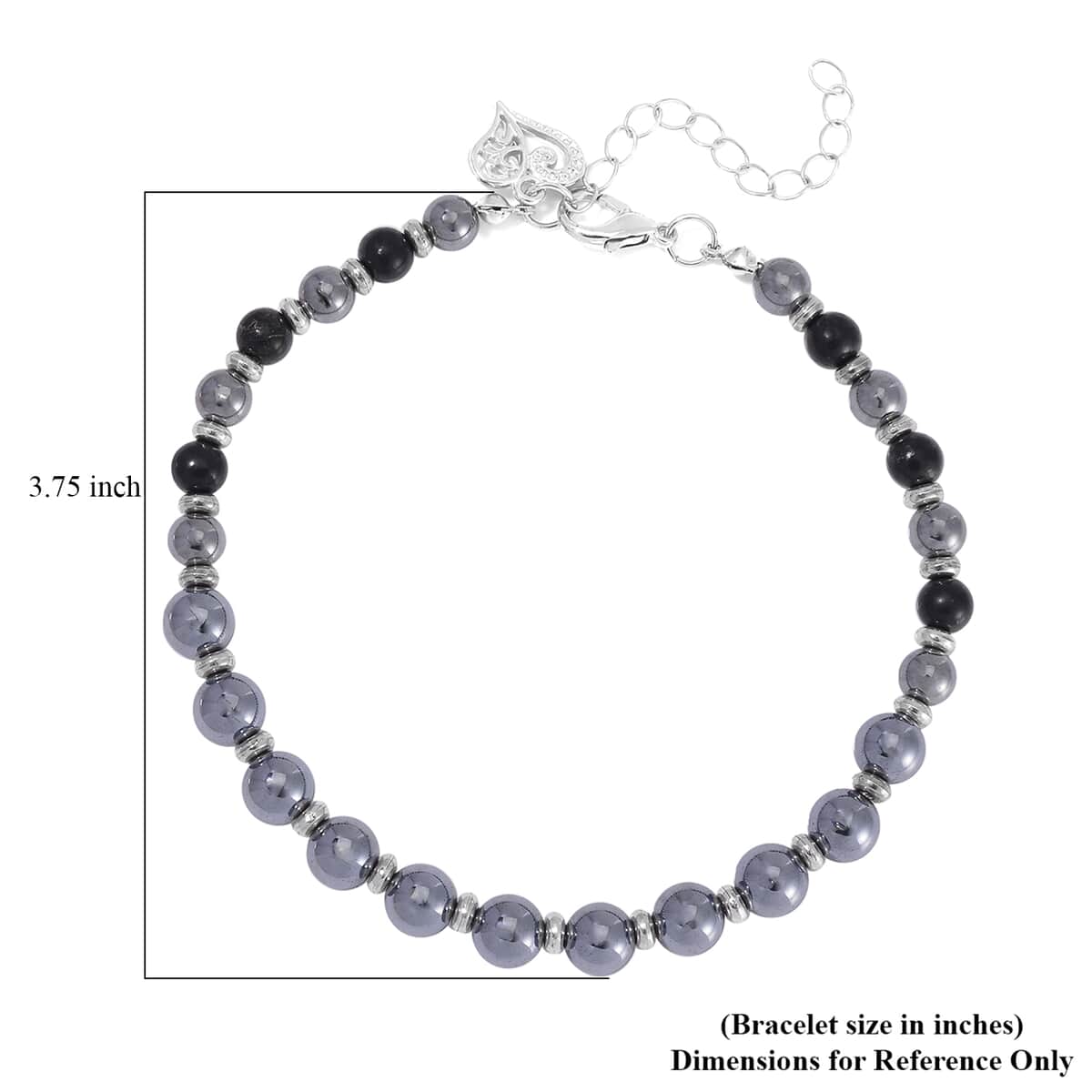 Terahertz and Shungite Beaded Anklet with Heart Charm in Stainless Steel (9.50-11.50In) 75.00 ctw image number 4