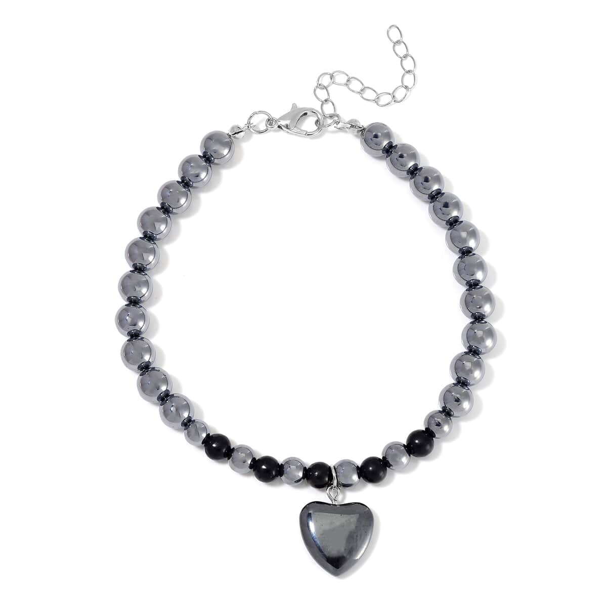 Shungite and Terahertz Beaded Anklet with Hematite Heart Charm in Stainless Steel (9.0-9.50In) 105.00 ctw image number 0