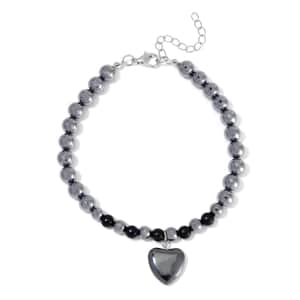 Shungite and Terahertz Beaded Anklet with Hematite Heart Charm in Stainless Steel (9.0-9.50In) 105.00 ctw