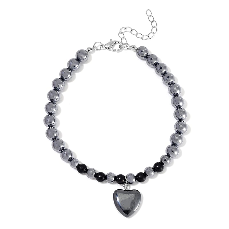 Shungite and Terahertz 105.00 ctw Beaded Anklet with Hematite Heart Charm in Stainless Steel (9.0-9.50In)
