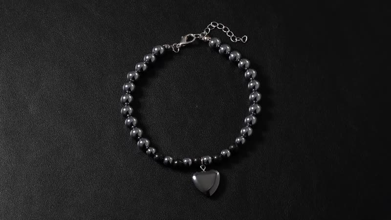Shungite and Terahertz 105.00 ctw Beaded Anklet with Hematite Heart Charm in Stainless Steel (9.0-9.50In)