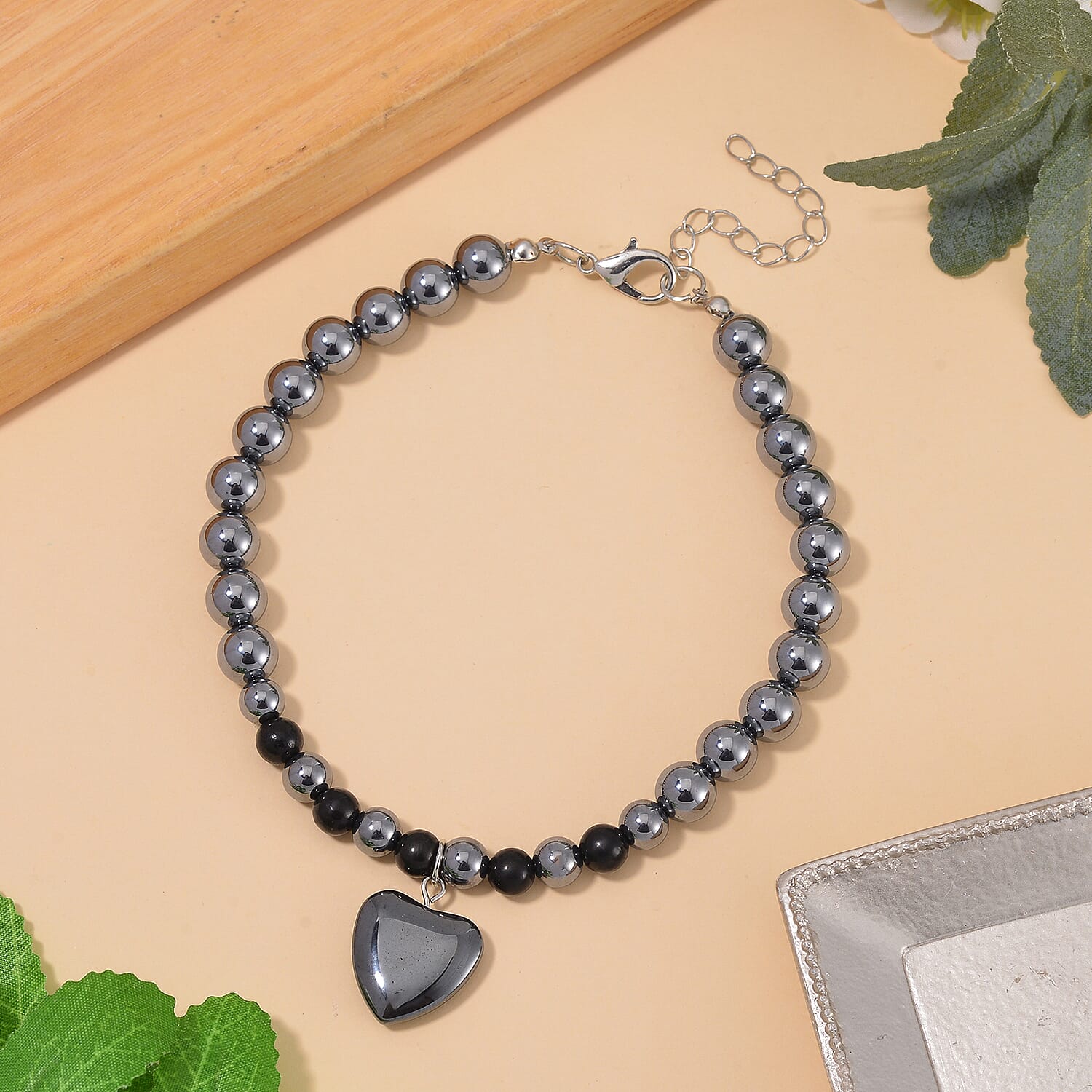 Shungite and Terahertz 105.00 ctw Beaded Anklet with Hematite Heart Charm in Stainless Steel (9.0-9.50In)