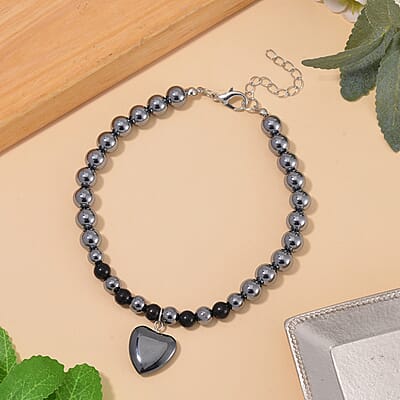 Shungite and Terahertz 105.00 ctw Beaded Anklet with Hematite Heart Charm in Stainless Steel (9.0-9.50In)