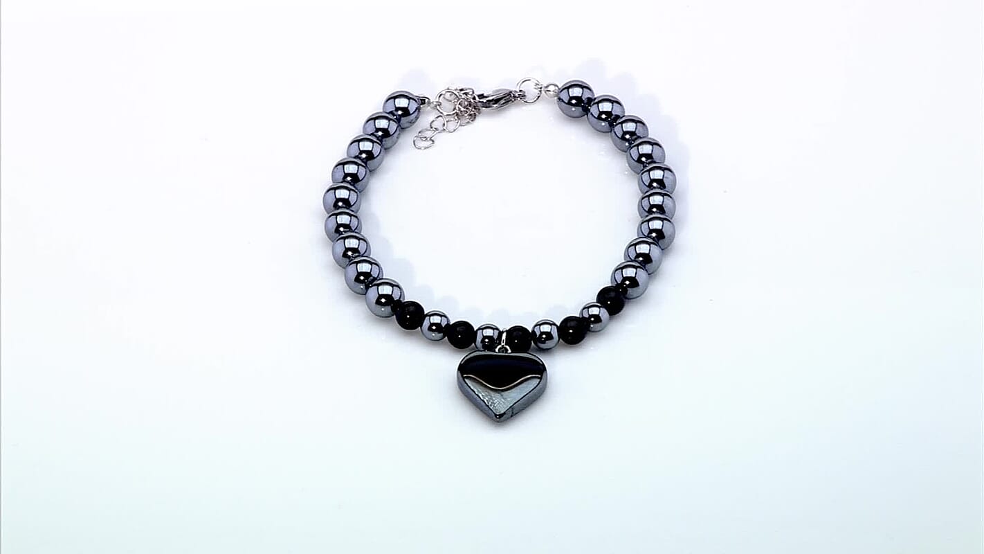 Shungite and Terahertz 105.00 ctw Beaded Anklet with Hematite Heart Charm in Stainless Steel (9.0-9.50In)