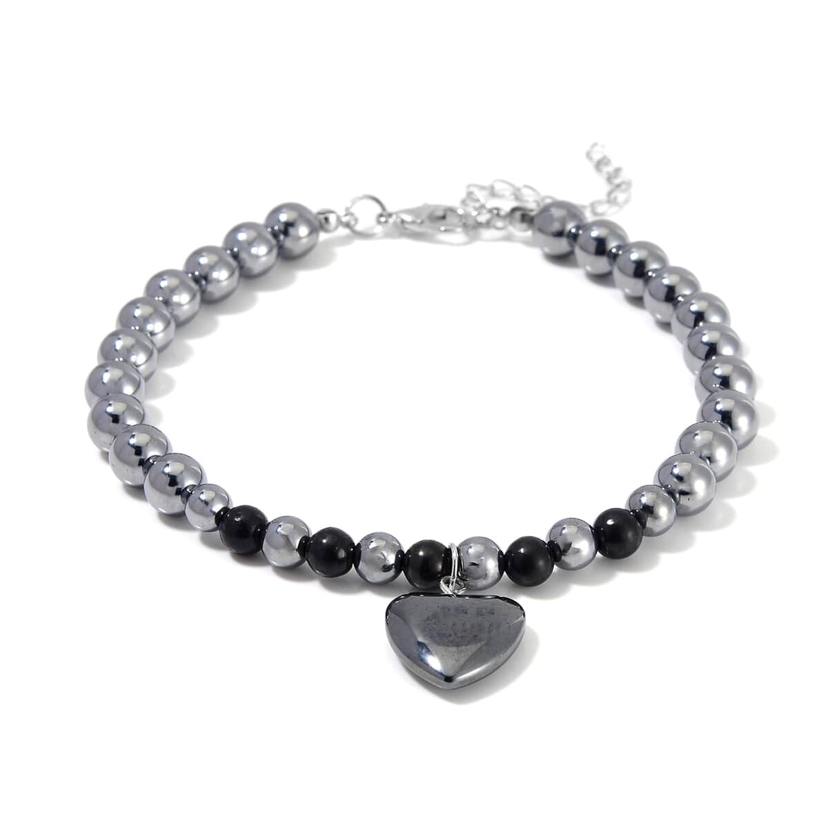 Shungite and Terahertz Beaded Anklet with Hematite Heart Charm in Stainless Steel (9.0-9.50In) 105.00 ctw image number 2