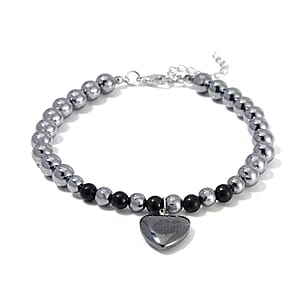 Shungite and Terahertz 105.00 ctw Beaded Anklet with Hematite Heart Charm in Stainless Steel (9.0-9.50In)