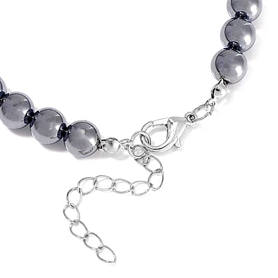 Shungite and Terahertz 105.00 ctw Beaded Anklet with Hematite Heart Charm in Stainless Steel (9.0-9.50In)