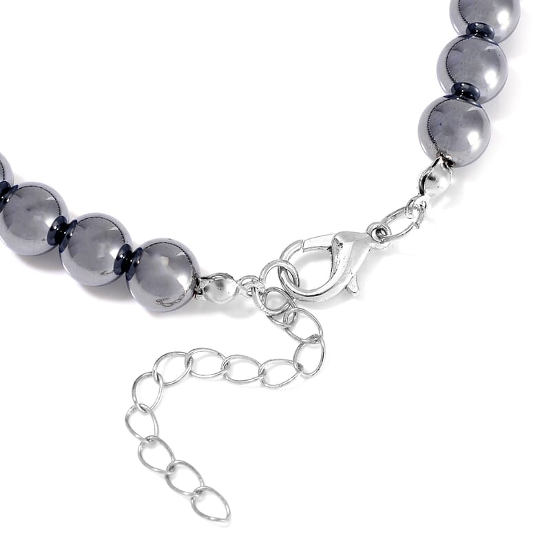 Shungite and Terahertz 105.00 ctw Beaded Anklet with Hematite Heart Charm in Stainless Steel (9.0-9.50In)