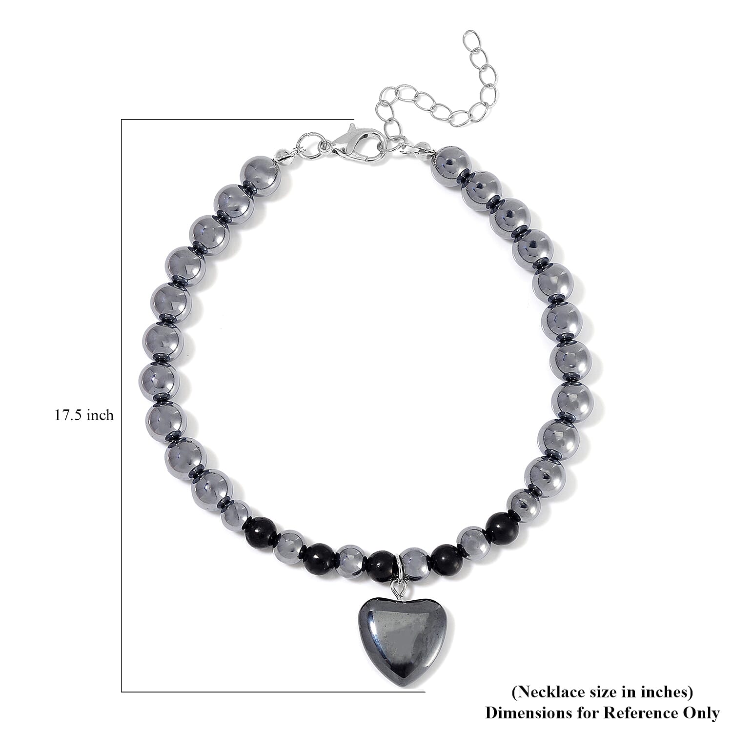 Shungite and Terahertz 105.00 ctw Beaded Anklet with Hematite Heart Charm in Stainless Steel (9.0-9.50In)