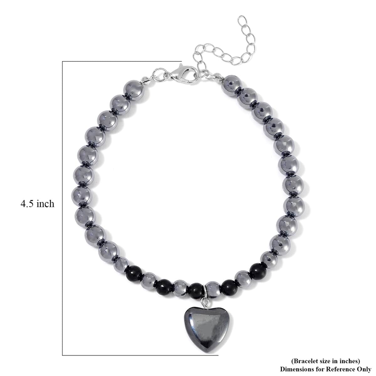 Shungite and Terahertz Beaded Anklet with Hematite Heart Charm in Stainless Steel (9.0-9.50In) 105.00 ctw image number 4