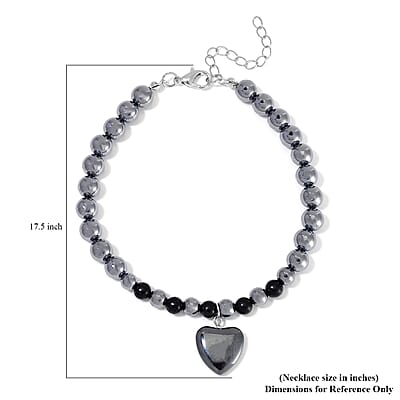 Shungite and Terahertz 105.00 ctw Beaded Anklet with Hematite Heart Charm in Stainless Steel (9.0-9.50In)