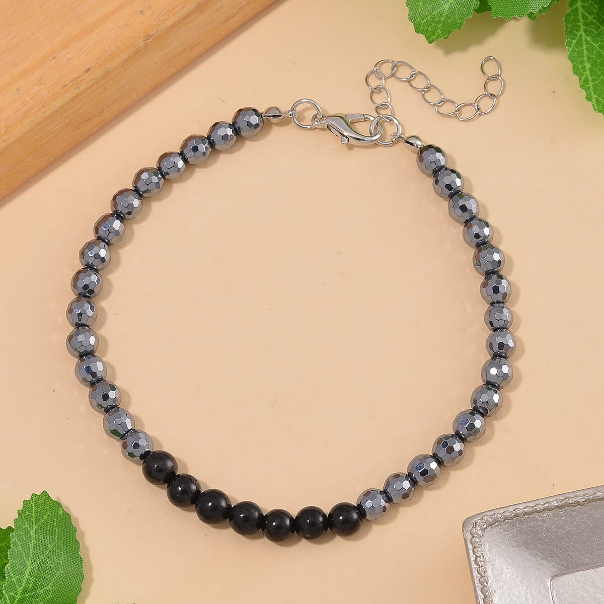 Terahertz and Shungite 100.00 ctw Beaded Anklet in Silvertone and Stainless Steel (9.50-11.50In) image number 1