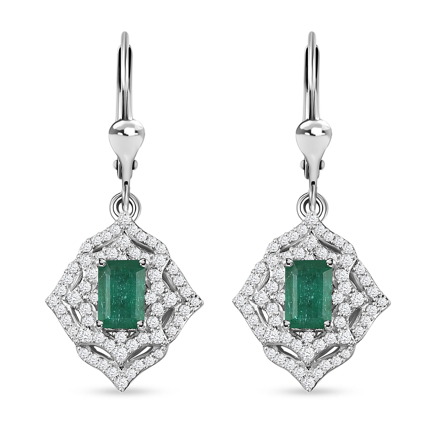 Premium Kagem Zambian Emerald and White Zircon Lever Back Earrings in Rhodium Over Sterling Silver 2.15 ctw