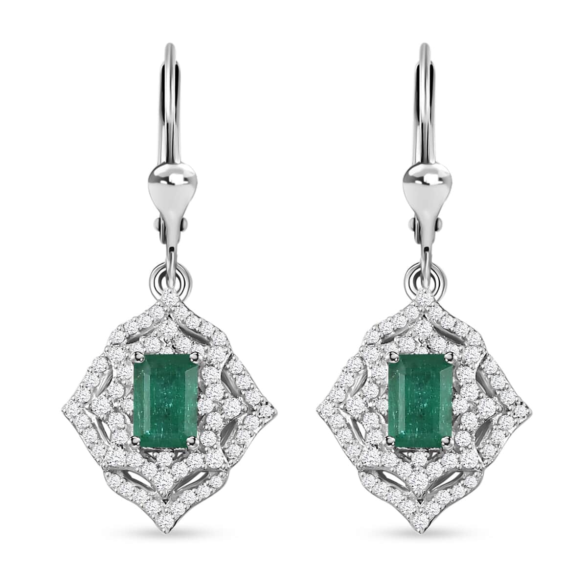 Premium Kagem Zambian Emerald and White Zircon Lever Back Earrings in Rhodium Over Sterling Silver 2.15 ctw image number 0