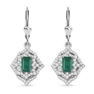 Premium Kagem Zambian Emerald and White Zircon Lever Back Earrings in Rhodium Over Sterling Silver 2.15 ctw