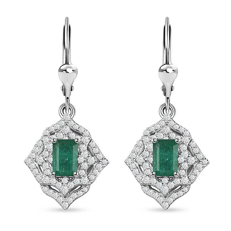 Premium Kagem Zambian Emerald and White Zircon Lever Back Earrings in Rhodium Over Sterling Silver 2.15 ctw